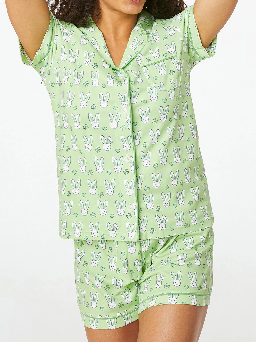 Women Cute Roller Rabbit Pajamas Y2k Monkey Preppy Print 2 Piece Pajamas Set Short Sleeve Shirts Pj Shorts Set Loungewear 240810