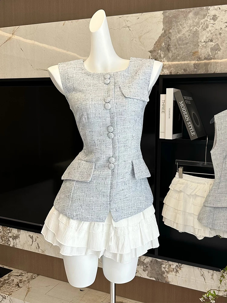 Summer Women Old Money Birthday Aesthetic Office Lady Suit Outfits 2 Piece Set Vintage Tank Top Vest Ballet Core Mini Skirts 240810
