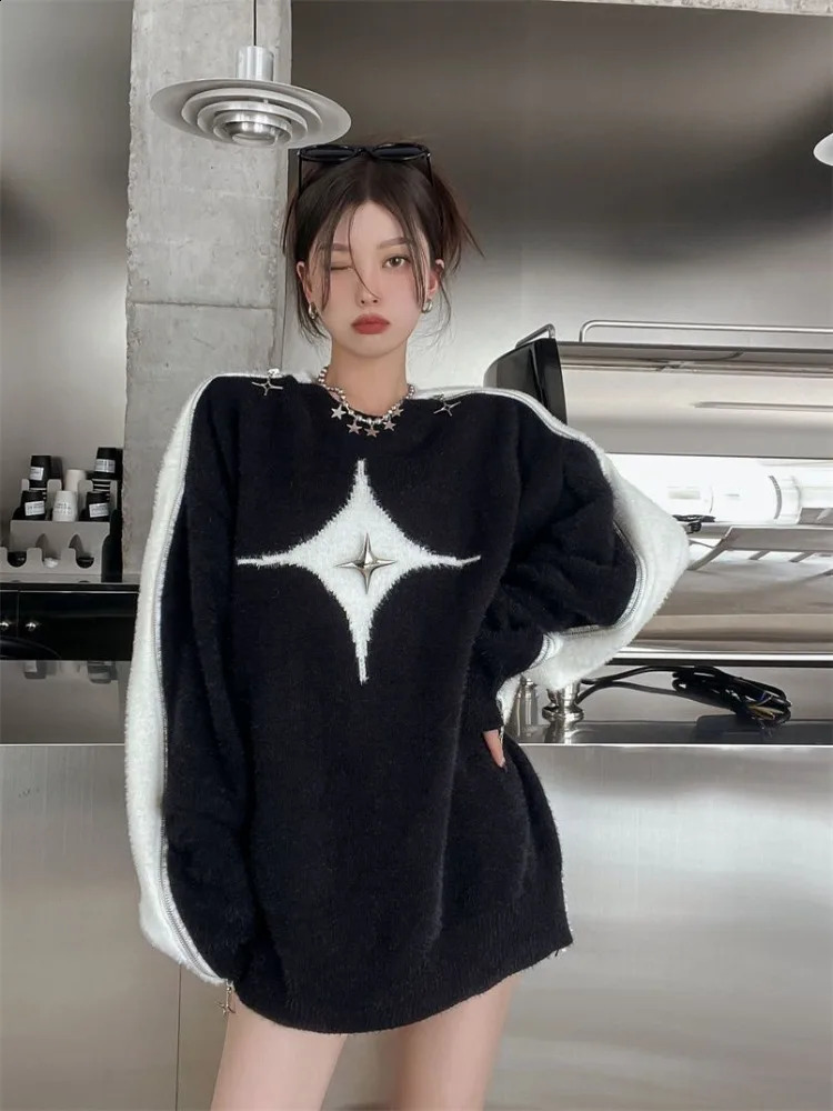 Y2k Fashion Strapless Sweater Womens Gothic Street Clothing Black Patch Work Star Jumper Harajuku Knitwear 240809