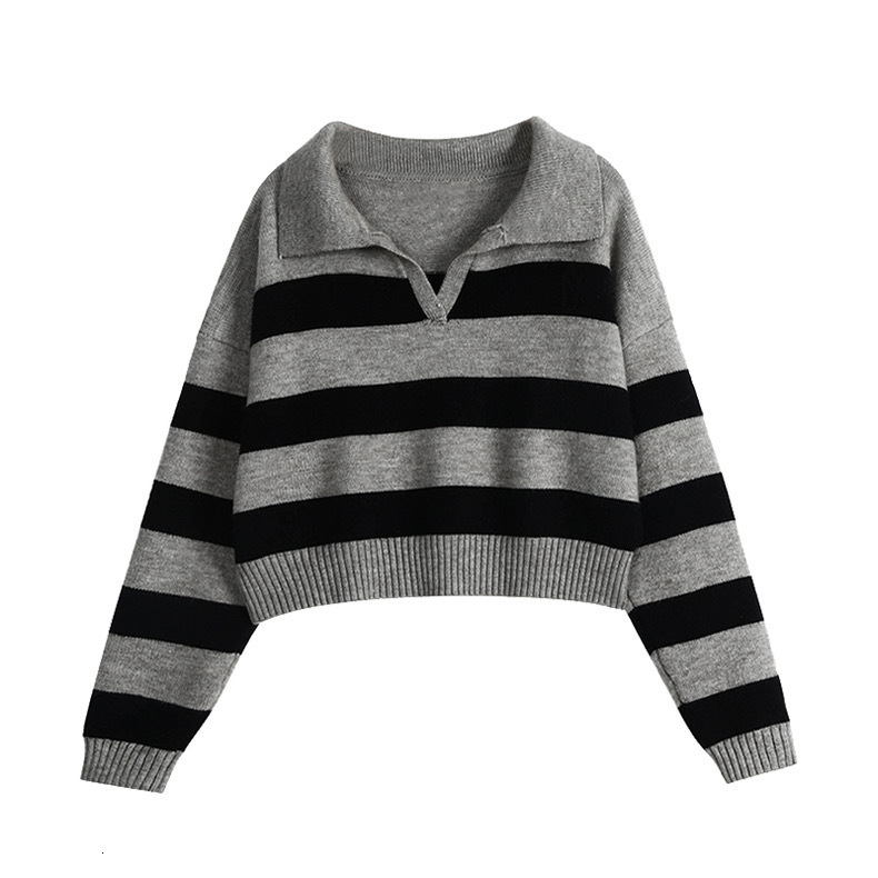 2024 autumn and winter new long sleeved POLO collar knitted top women, loose striped contrasting pullover sweater for women dongdumaoyi