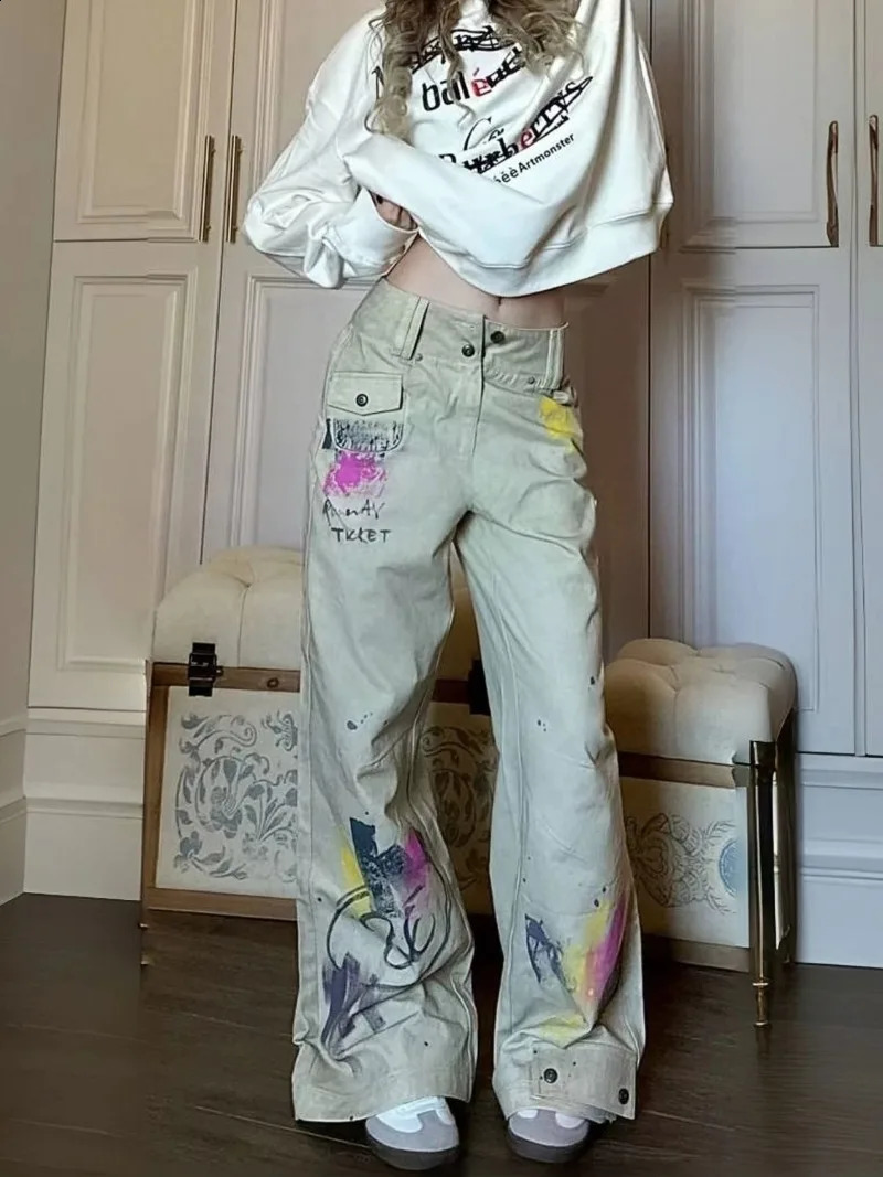 American Graffiti Print Wash Wide Leg Jeans Woman Retro Streetwear Hip Hop Loose Casual Fashion Street High Waist Straight Jeans 240810
