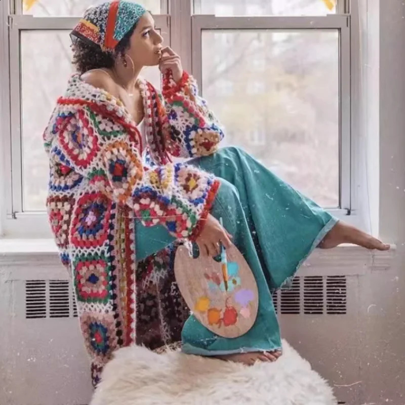 AYUALIN Boho Ethnic Floral Crocheted Knit Sweater Coat Retro Embroidery Chic Oversize Hooded Coats Mohair Women Sweaters 240809