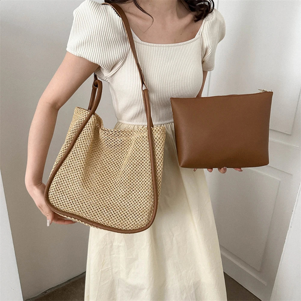 Women Straw Bags for Summer Large Woven Tote Handbag Rattan Boho Shoulder Bag Raffia Straw Beach Bag with PU Leather Wallet 250530
