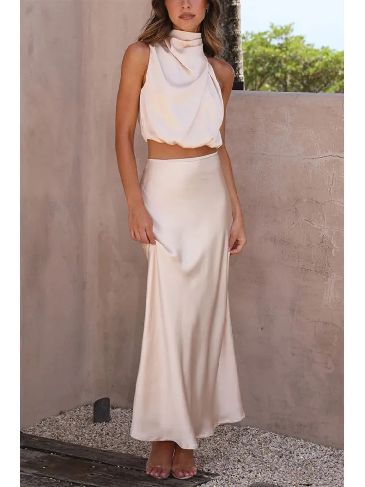 Two Piece Set For Women Satin Midi Long Skirts Sleeveless Off Shoulder Solid Color Sexy Cropped Top A-line Skirt Set 2 Piece 240810 - view 6