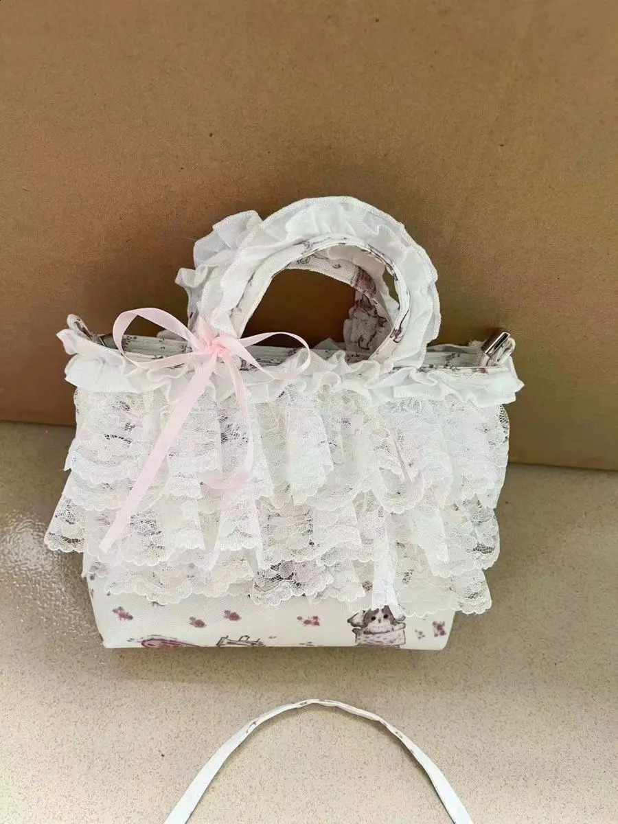 JIAERDI Sweet Lace Y2k Hand Bag Women Girls Bow Cute Canvas Bucket Bag Female Harajuku Fairycore Messenger Bag Bolso Mujer 240810