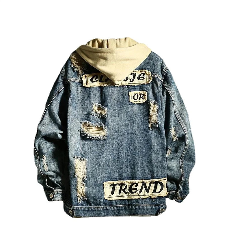 Mens Denim Jacket Patch Vintage Blue Male Jean Coats Ripped with Hole Washed Low Cost of Fabric Winter Outerwear Size L Y2k G 240816