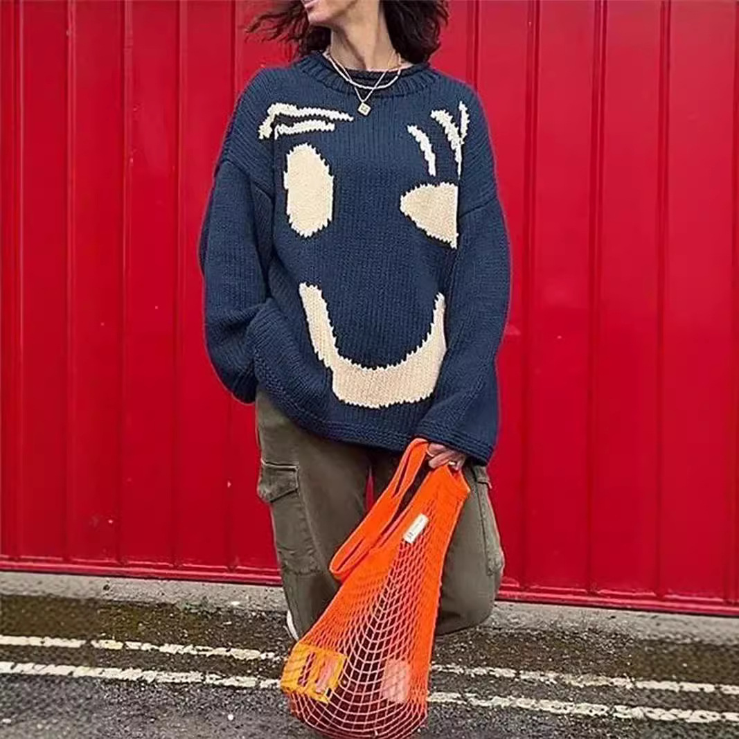 New Smiley Face Contrasting Color Loose Slimming Round Neck Knitted Sweater Womens Top