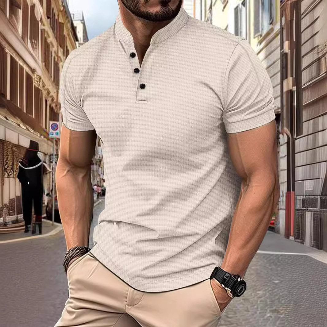 Mens Short Sleeved Stand Up Collar Waffle Henry Collar Casual Short Sleeved Polo Shirt