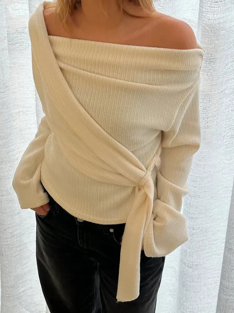 Home>Products>Womens Ultra Thin Cross Sweater>Solid Diagonal Collar Long Sleeve Pulling Flower Autumn Womens Knitted Jumper 240809