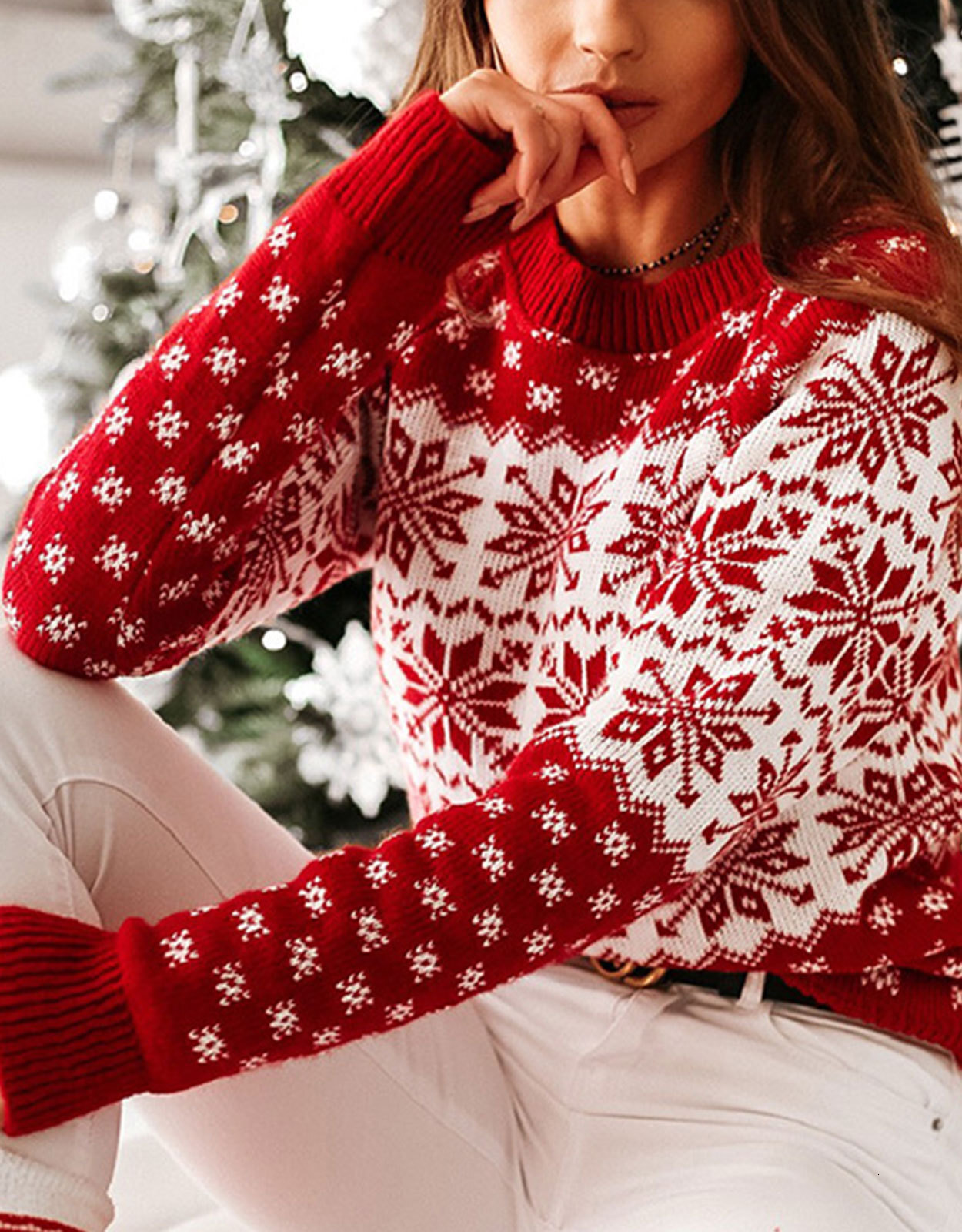 Autumn and Winter Womens Sweater New Christmas Snowflake Long Sleeved Knitted Sweater Fashionable Pullover Knitted Sweater for Women