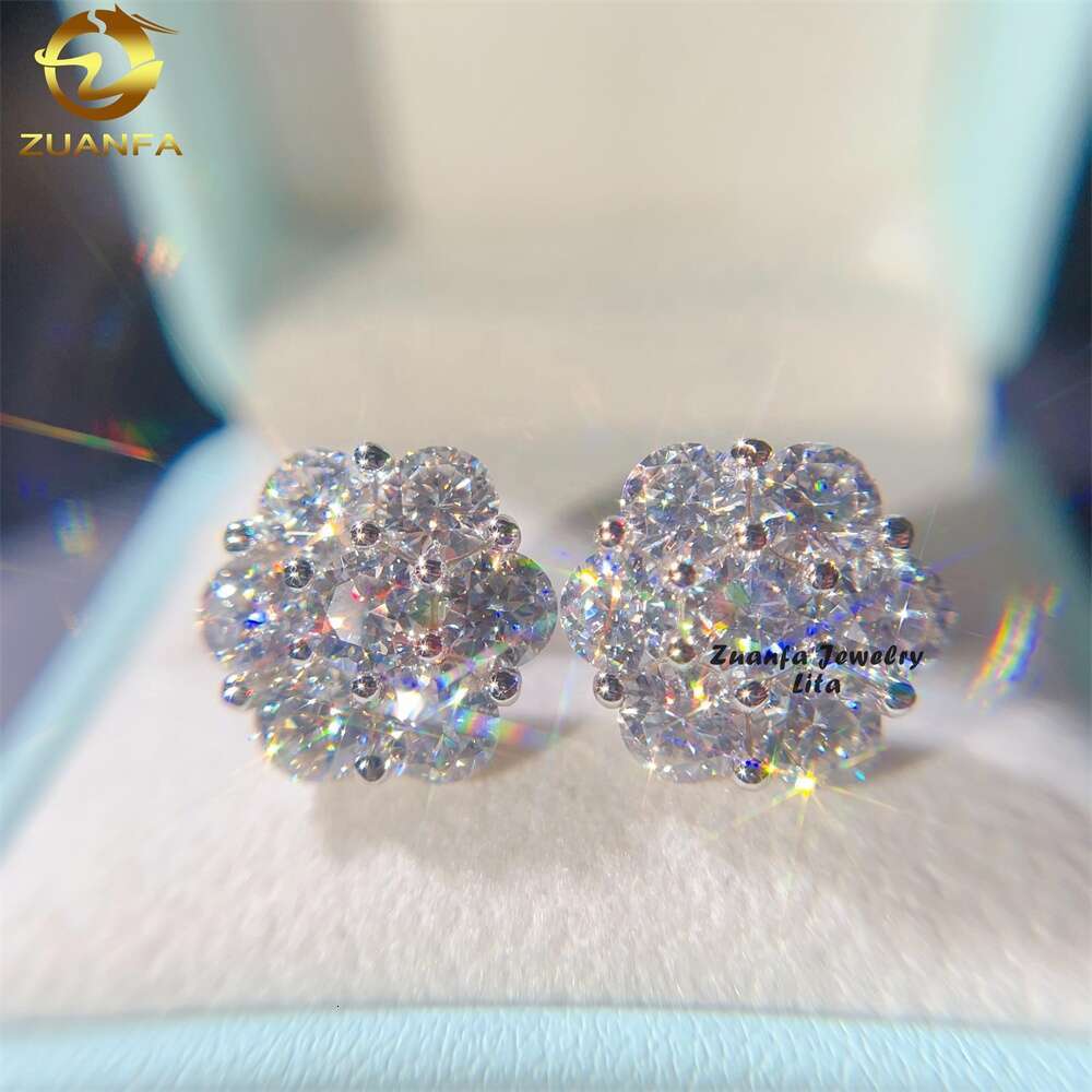 Fashion Jewelry Bling Hip Hop 15Mm Sterling Sier Moissanite Flower Earrings