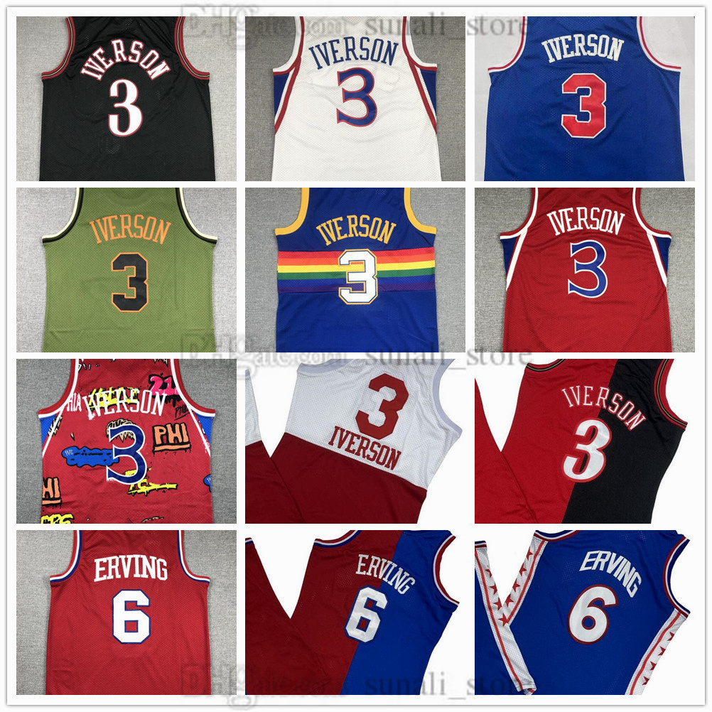 Allen Iverson Basketball Jerseys Allen 3 Iverson Team Blue White Red Navy Julius 6 Erving Retro Mesh Sports Shirts Stitched Embroidery Top Quality