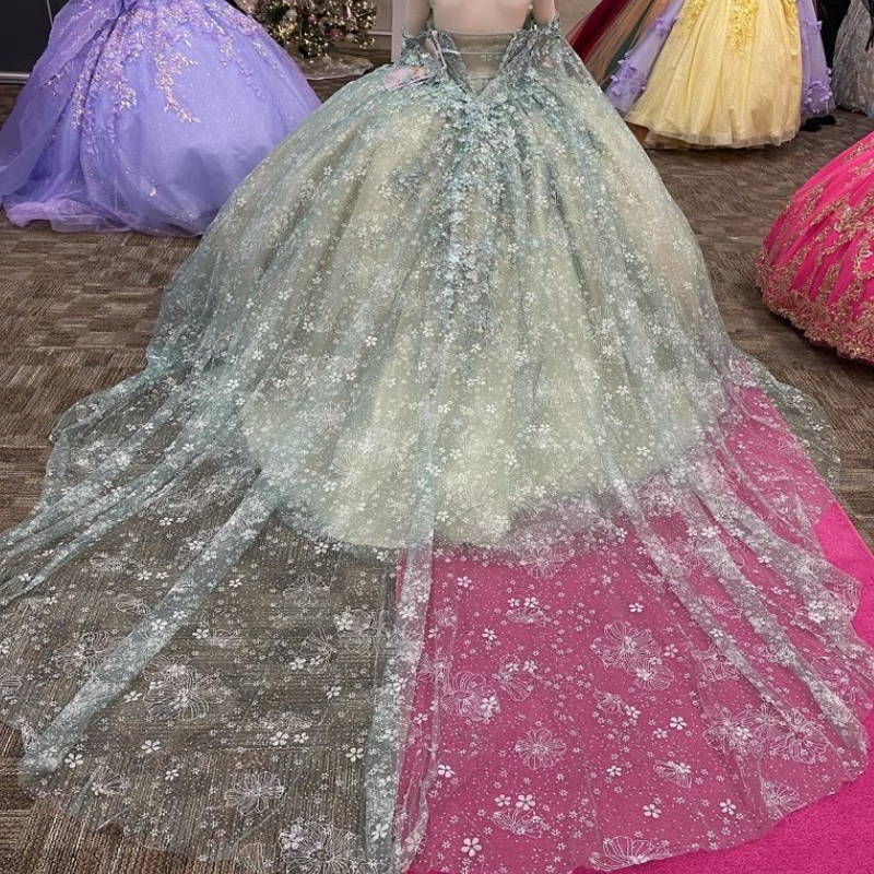 Luxury Light Green Quinceanera Dress Ball Gown Girls Beading Appliques Lace With Cape Birthday Party Sweet 16 Dress Vestidos 15 De