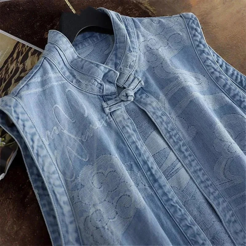 Spring Autumn Ladies Buckle Loose Joker Fashion Denim Vest Coat Vest Sleeveless Cardigan Comfortable Solid Color Casual Coat 240813