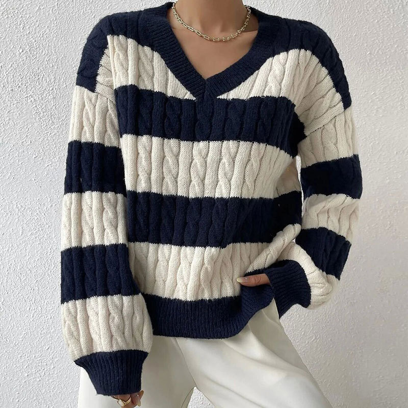 Autumn and Winter Sweater Womens Versatile Pullover V-neck Long Sleeve Fried Dough Twists Stripe Contrast Knit