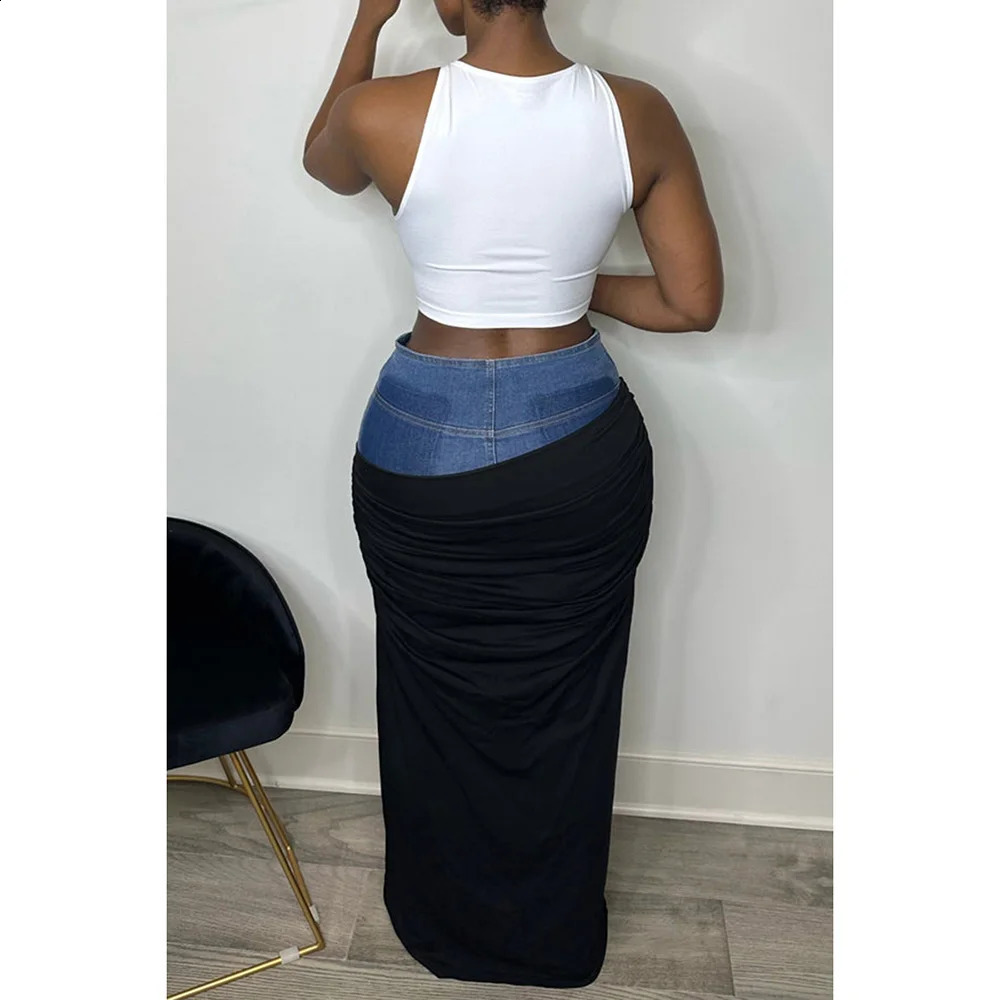 Plus Size Womens Skirts Four Seasons Black Casual Denim Stitching Pleated Comfortable and Fashionable Skirt 240810
