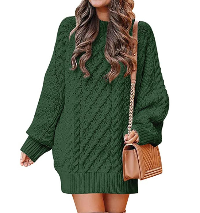 Women's round neck long sleeved large silhouette twisted flower knitted thick needle pullover, medium length warm sweater, women's dress don