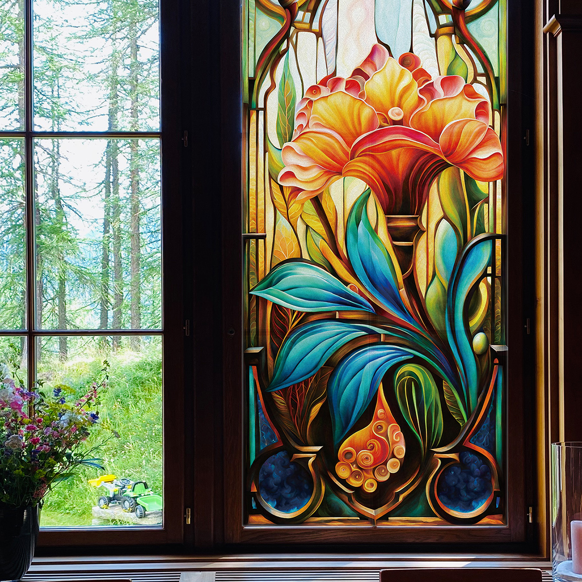 Cross border personalized flowers colored glass film adhesive free insulation static electricity window flowers home bedroom bathroom windows