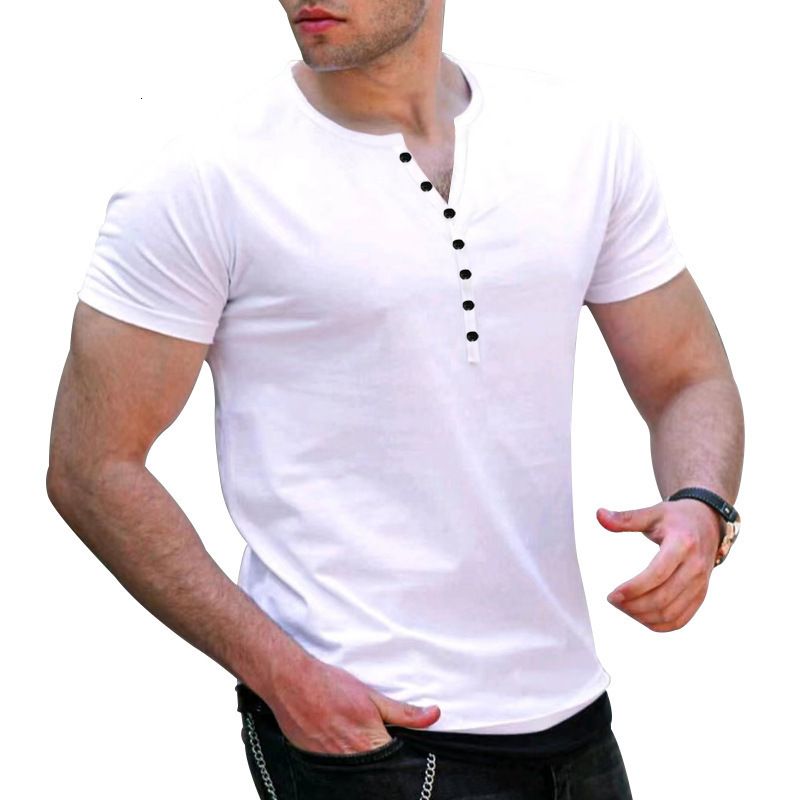 24ss Mens Summer New Mens Henley Shirt Solid Color Button Mens Short Sleeve T-shirt