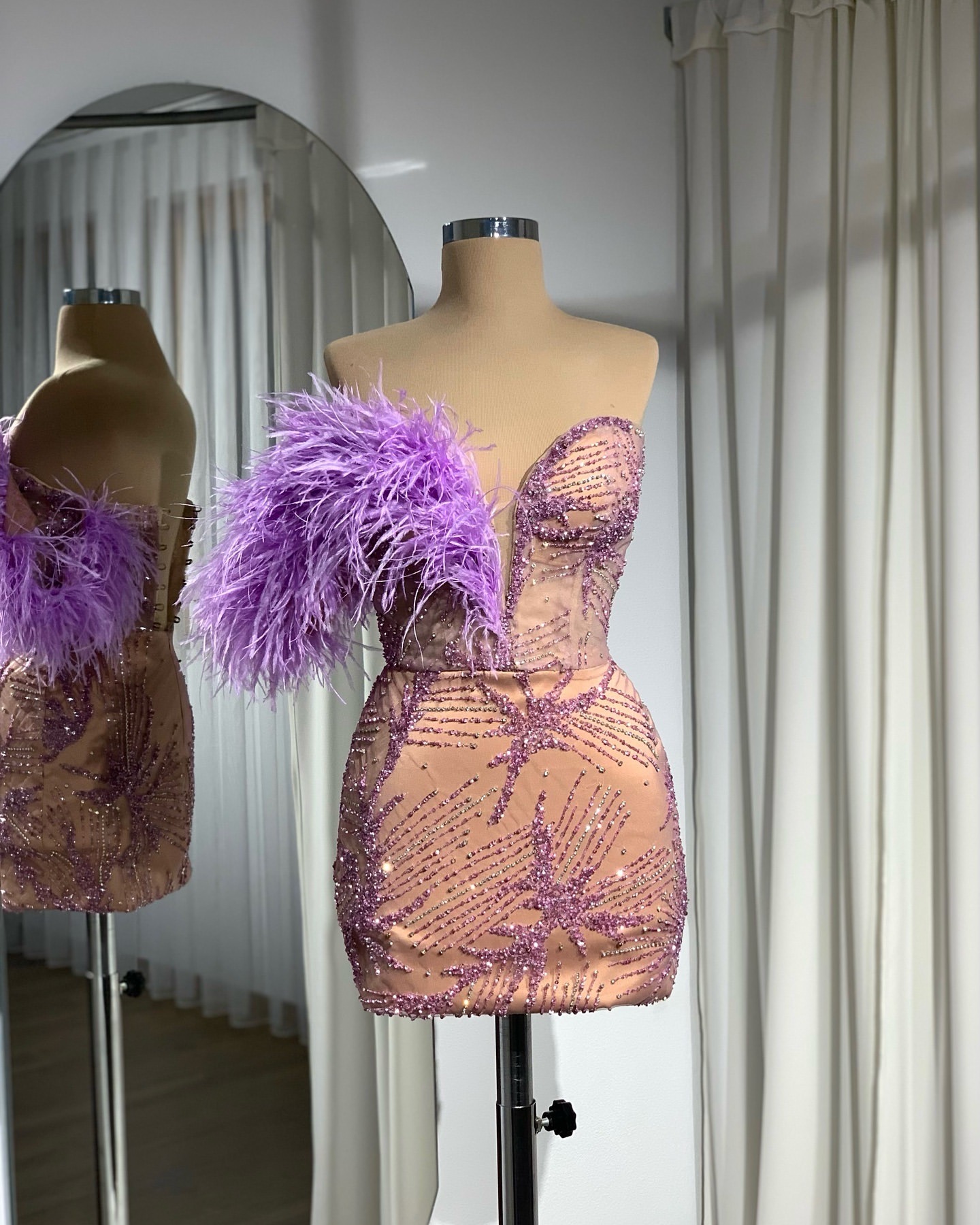 2024 Lilac Illusion Homecoming Dresses Fulllace Prom Evening Sheath Feather Short Mini Party Graduation Cocktail Birthday Holiday Club Gowns Dress ZJ1