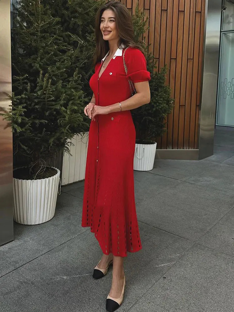 Contrast Single Breasted Knitted Dress For Women Elegant Lapel Short Sleeve Hollow Out Dresses Chic Female High Street Vestidos 240816