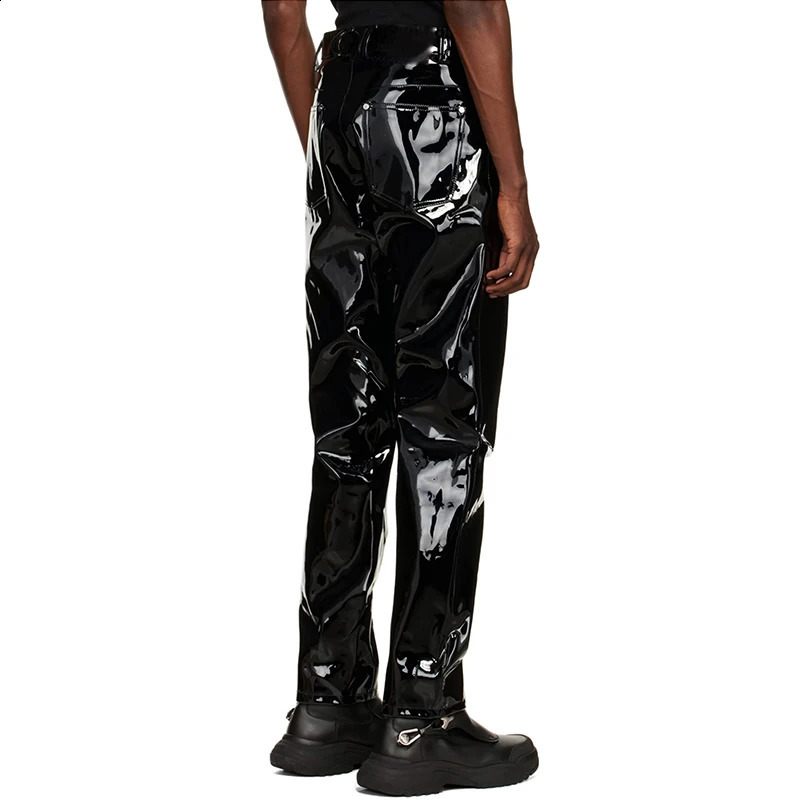 Mens Fashion Shiny Faux Leather Straight Pants Male Splicing Glossy PU Slim Trousers With Pockets Party Street Clubwear Custom y240812