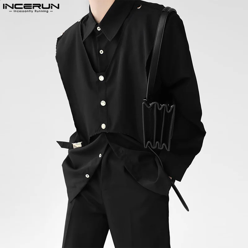 Mens Irregular Shirt Solid Lapel Long Sleeve Button Streetwear Casual Men Clothing Korean Loose Fashion Shirts INCERUN S-5XL 240810