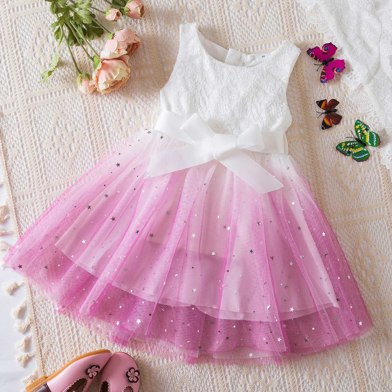 White lace summer dress girls short sleeved childrens birthday princess costume Tutu wedding dress floral girls dress 3-8 years old W250111