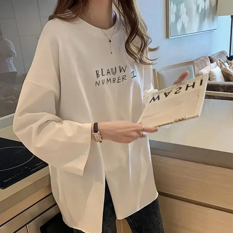 Autumn womens long sleeved O-neck side split T-shirt Harajuku letter printed T-shirt casual oversized T-shirt womens top Y2k streetwear 240826