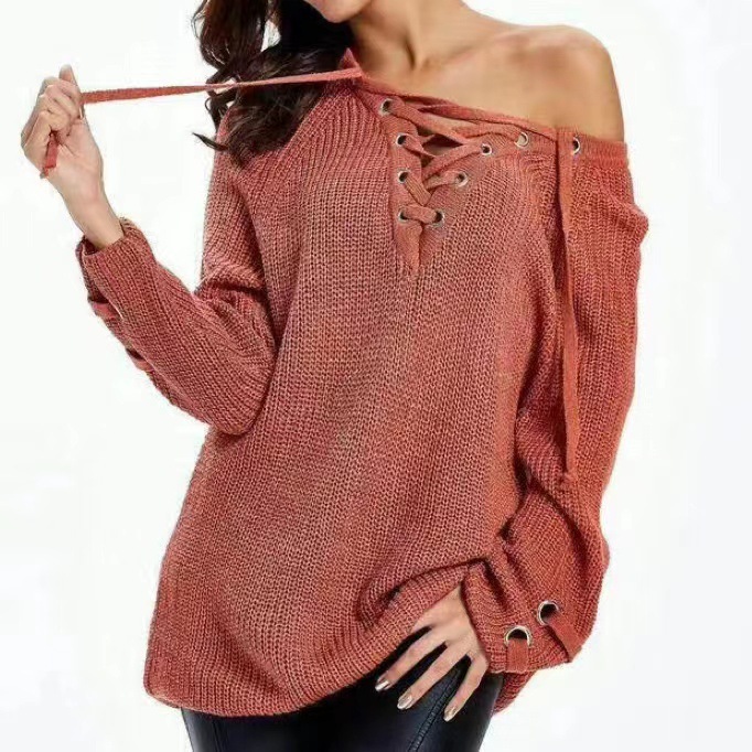 New streetwear fashion women's sexy chest cross thick strap loose mid length knit sweater dongdumaoyi