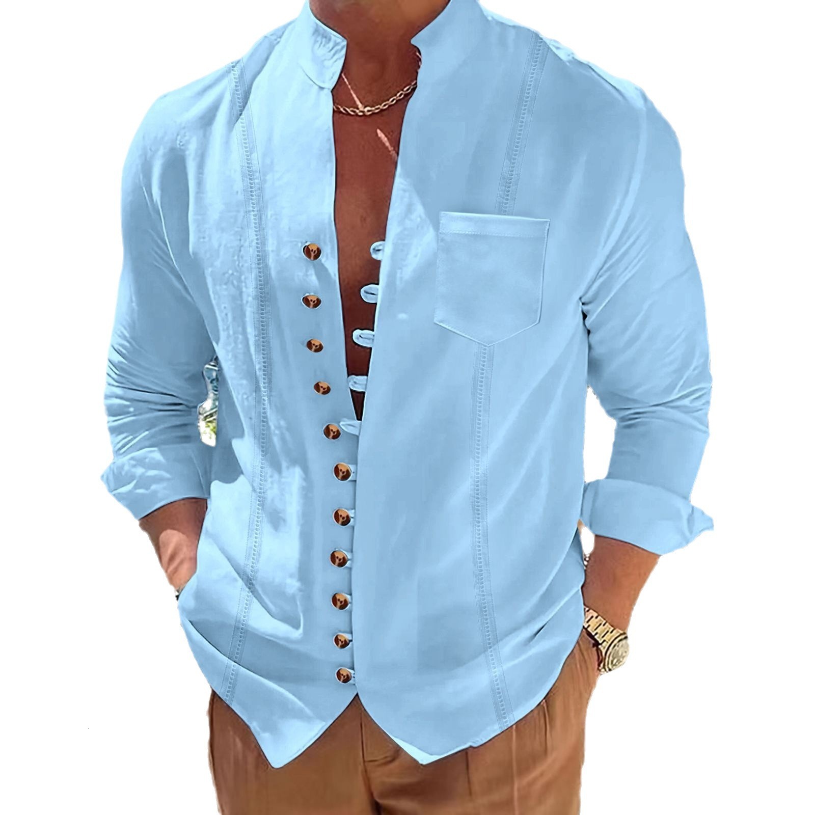 New Mens Cuban Style Cotton Linen Casual Loose Long Sleeved Shirt