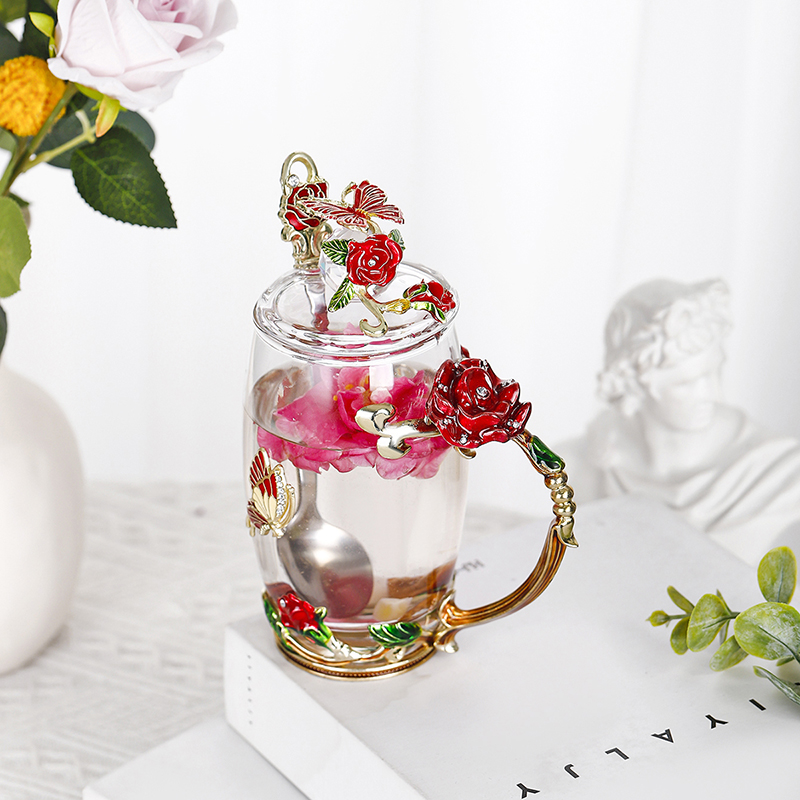 Rose coffee cup Round enamel color water cup high temperature resistant crystal glass light luxury transparent tea cup