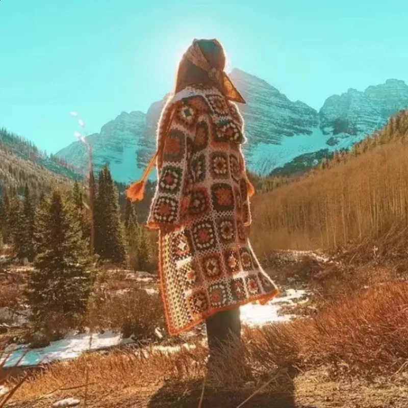 AYUALIN Boho Ethnic Floral Crocheted Knit Sweater Coat Retro Embroidery Chic Oversize Hooded Coats Mohair Women Sweaters 240809