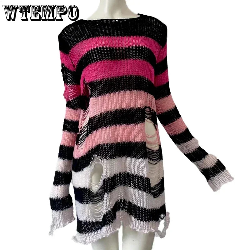 Goth Y2K Striped Sweater Ripped Punk Gothic Sweaters for Women Harajuku Aesthetic Halloween Pullover Tops 240812