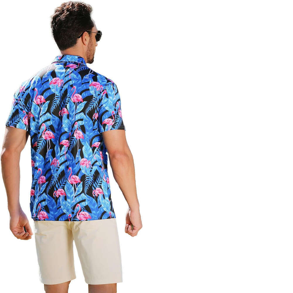 Fashion Mens Polo shirt Short Blue flamingo Moisture Wicking Hawaiian Tropical Stretch Golf Shirt Polos shirts tshirt Casual tops summer clothes
