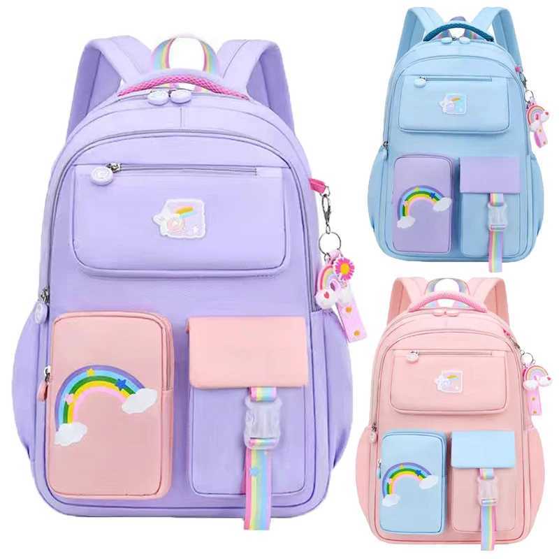 Primary High Class Backpack for Girls Macaron Color Blocking Kid Backpack Rainbow Zipper Large Capacity Teen Girl School Bag Y240809