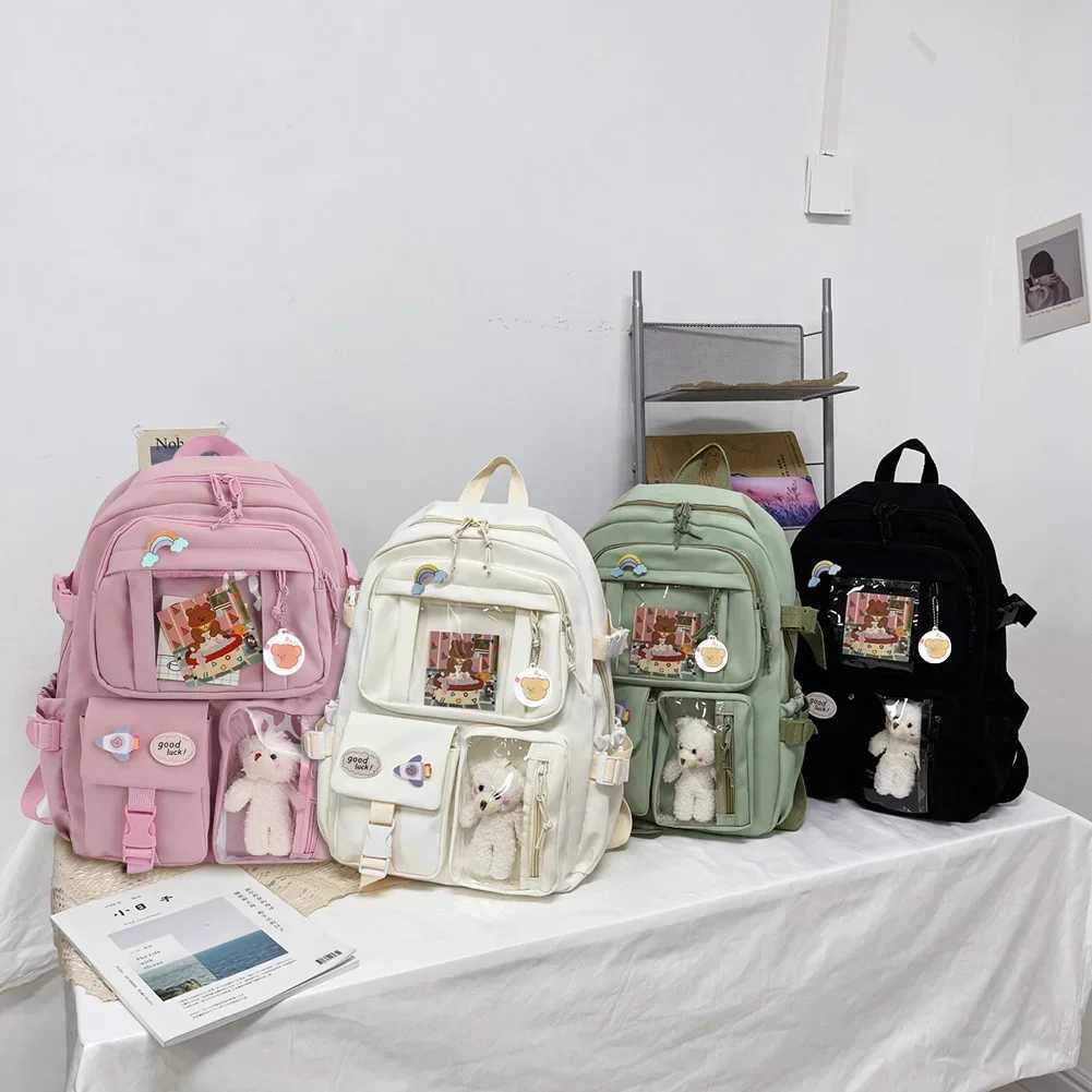 College Student Rucksack Fashion Casual Book Bags Nylon with Plush Pendant Pin Cute Large Capacity Japanese Style for Teen Girls Y240809