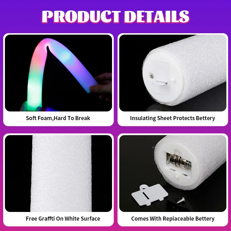 15/30Pcs LED Glow Sticks Bulk Colorful RGB Glow Foam Stick Cheer Tube Dark Light for Xmas Birthday Wedding Party Supplies 240809