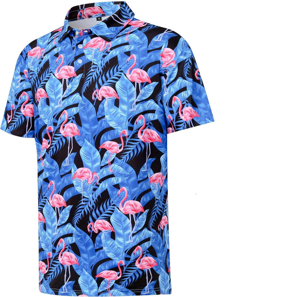 Fashion Mens Polo shirt Short Blue flamingo Moisture Wicking Hawaiian Tropical Stretch Golf Shirt Polos shirts tshirt Casual tops summer clothes