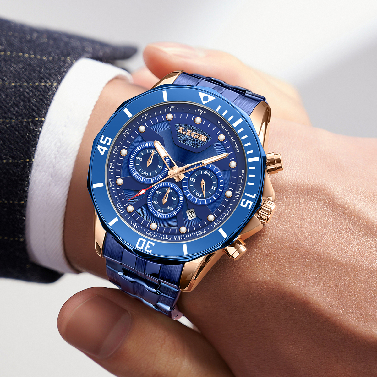 LIGE Youth fashion Quartz Watch Men's waterproof watch Polygon case Holiday Gift Luxury brand watch Multi-function chronograph watch