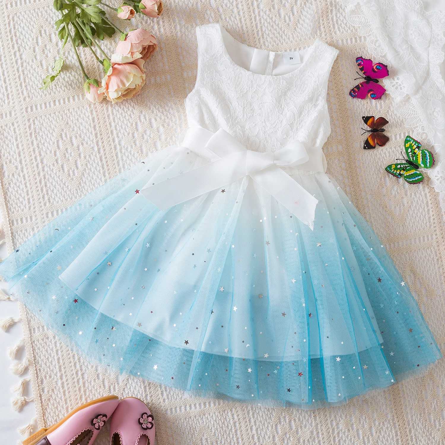 White lace summer dress girls short sleeved childrens birthday princess costume Tutu wedding dress floral girls dress 3-8 years old W250111