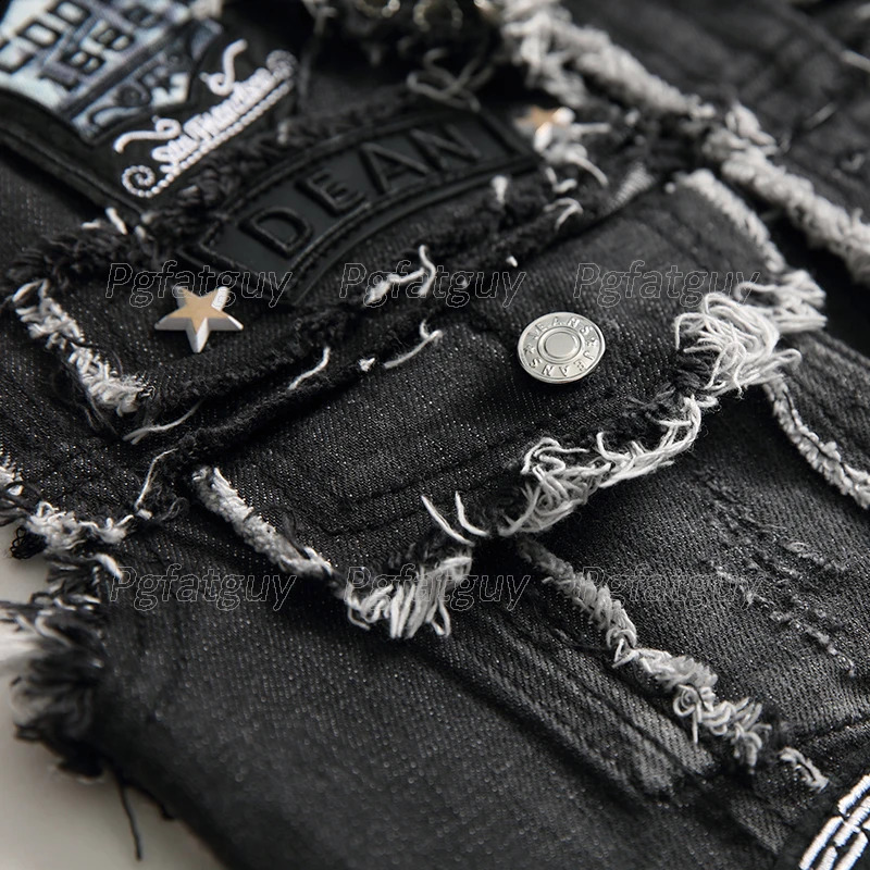 Black skull embroidery 2piece mens set fashion ultrathin denim vest and tear hole jeans casual 240809