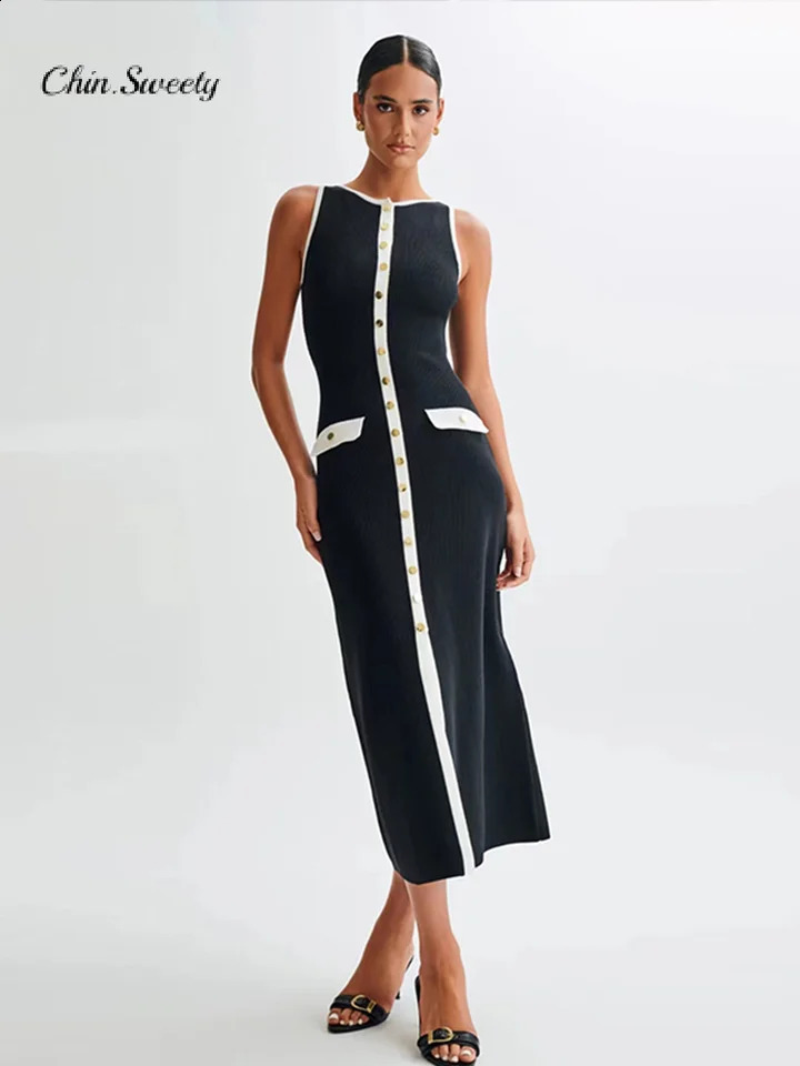 Fashionable Knitted Long Dress for Women Unique Comparison Sleeveless Single Chest ONeck Hip Set Womens Summer Robe 240809