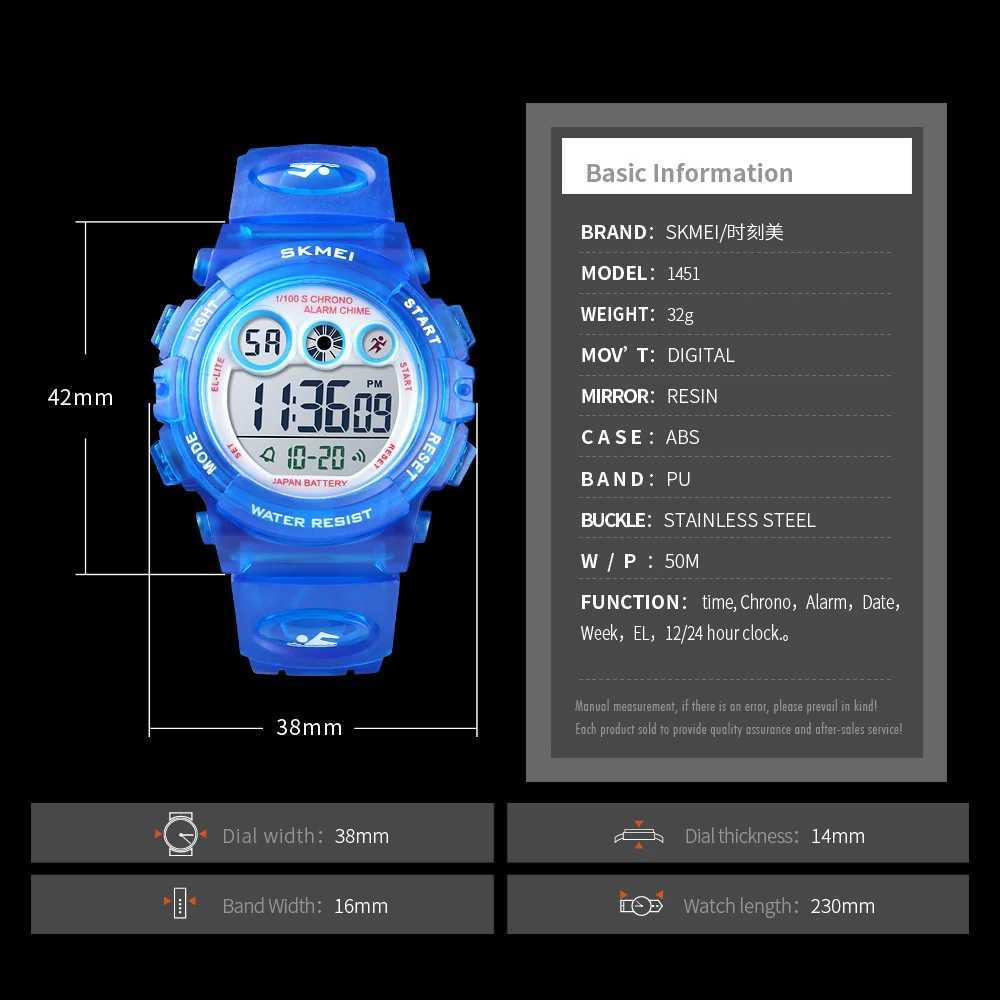 SKMEI 1451 Waterproof Fashion Childrens Boys and Girls Watch Digital LED Watch Alarm Date Sports Electronic Digital Watch X24120411
