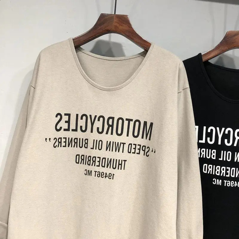 Womens Spring and Autumn Fashion Casual Solid Color Floral Letter Medium length Round Neck Loose Split Long Sleeve T-shirt Top 240826