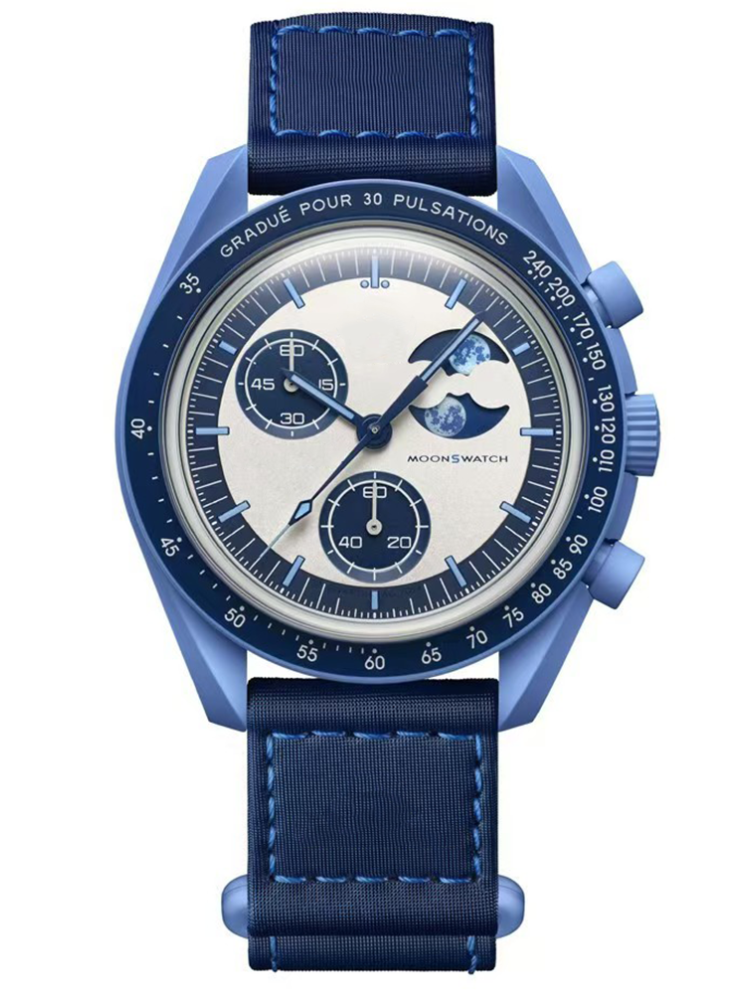 New Model Pre-sale Blue Bioceramic Planet Moon Mens Watches High Quality Chronograph 42mm Nylon Quartz Wristwatches Fashion Brand Male Clock For Gift