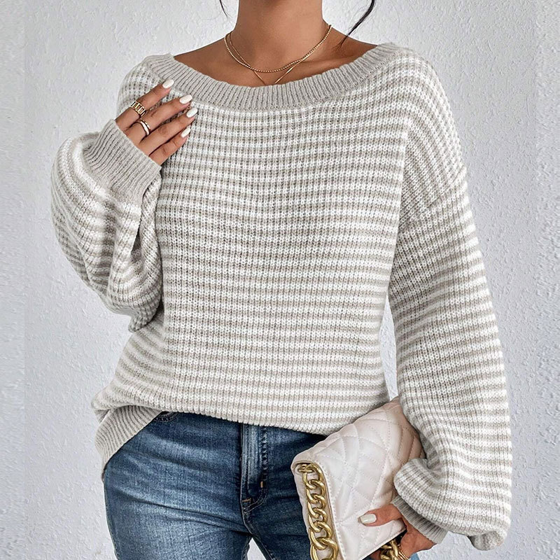 Autumn and Winter New Loose One Shoulder Off Shoulder Knitted Sweater with Lantern Sleeves and Striped Sweater for Women