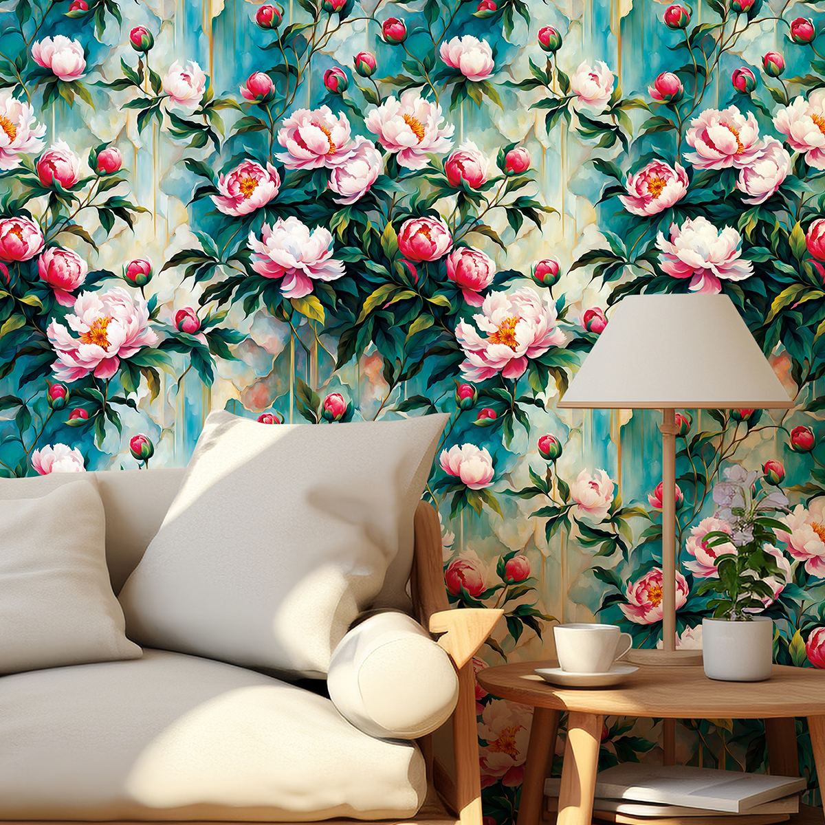 Cross border wallpaper green plants floral patterns vintage personality watercolor peony waterproof and moisture-proof home decoration