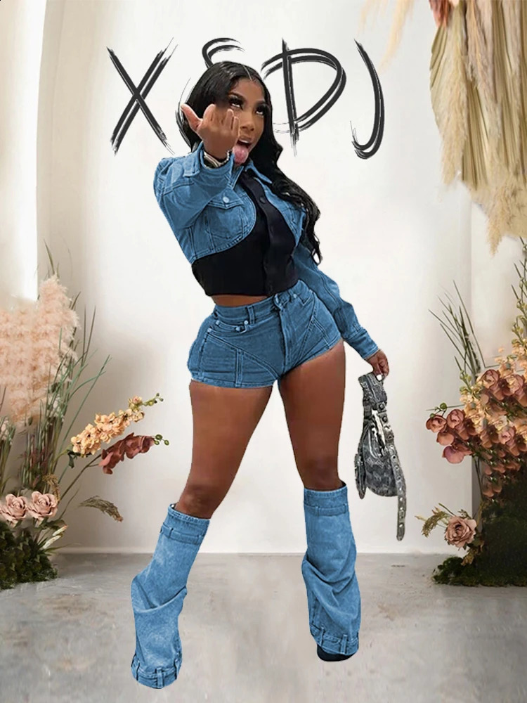 Sets for Women 2 Pieces Autumn Stretchy Denim Set Long Sleeve Top and Shorts Sexy Y2k Outfits Set Bulk Wholesale 240810