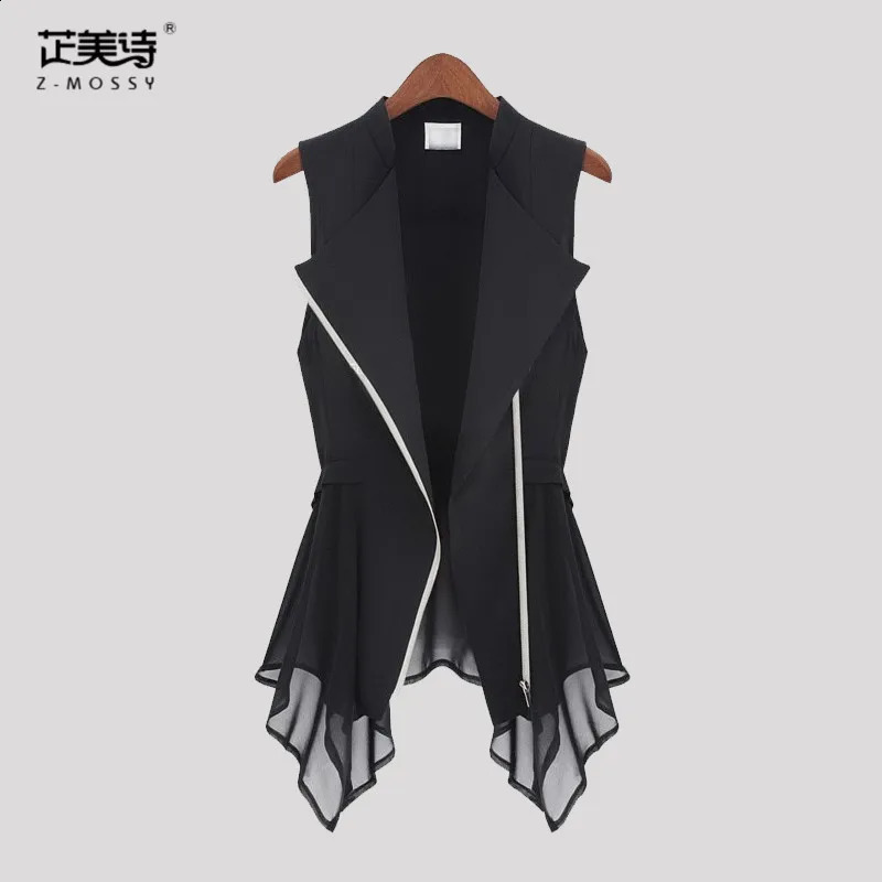 #0708 Summer Black Asymmetrical Chiffon Waistcoat For Women Thin Sexy Vest Coat Sleeveless Jacket Female Long Vest With Zipper 240813